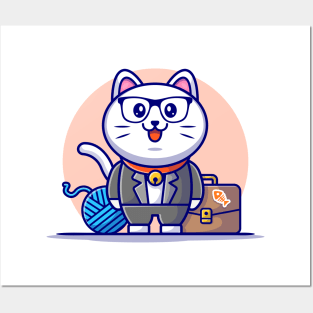 Cute Cat Businessman Cartoon Vector Icon Illustration Posters and Art